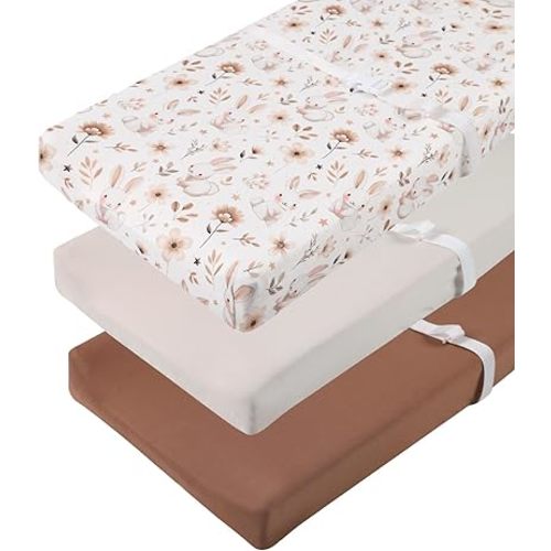 Changing Pad Cover Set 3 Pack Jersey Knit Ultra Soft for Baby Boys Girls Cream/Brown/Rabbit