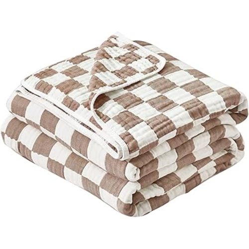 Ultra Soft Cozy 6-Layer Muslin Cotton Baby Blanket 41" x41” Breathable Lightweight Checkered Swaddle Blankets for Toddlers Baby Birthday Gifts All Seasons Both Sides Coffee