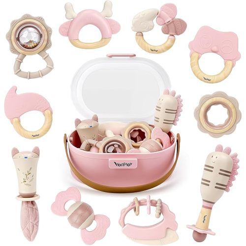 Baby Rattles - Baby Toys 0-6 Months, Teething Toys 3-6 Months, Infant Toys 6-12 Months, 10PCS Pink Sensory Rattles & Teethers with Storage Box, Newborn Shower Gift Girl