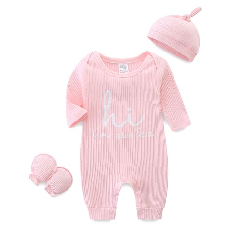 Unisex Newborn Baby Onesie Ribbed Romper Infant Long Sleeve Jumpsuit Hat and Gloves