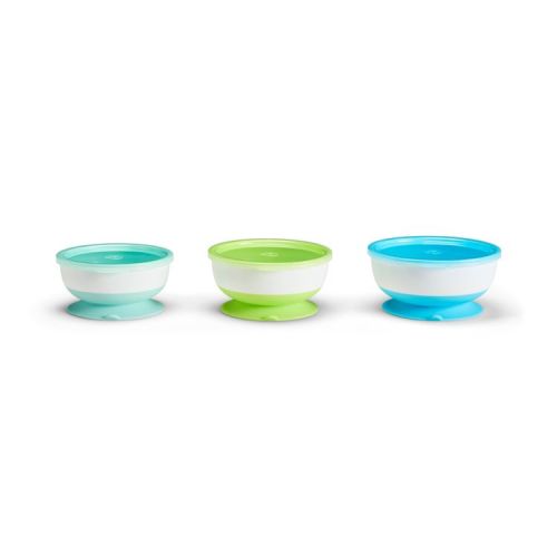 Munchkin 3pc 2.5 Plastic Cup Stay Put Suction Baby Bowls with Lids - Blue/Green: Round Shape, 4.7in Diameter