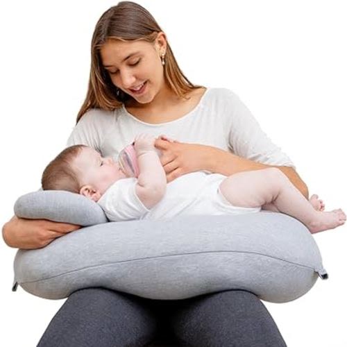 Pharmedoc Nursing Pillow for Breastfeeding - Breast Feeding Pillows with Headrest and Adjustable Waist Straps - Removable Cover, Grey - Baby Essentials for Newborn - Full Support for Mom and Baby