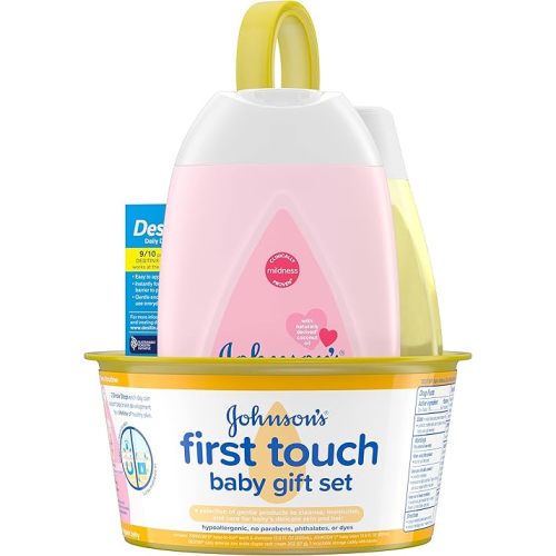Johnson's First Touch Baby Gift Set, Baby Bath, Skin & Hair Essential Products, Kit for New Parents with Wash & Shampoo, Lotion, & Diaper Rash Cream, Hypoallergenic & Paraben-Free, 4 items
