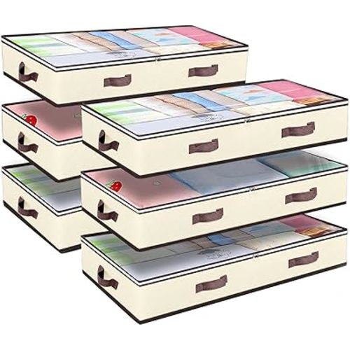 Budding Joy 6 Pack 90L Under bed Storage Containers Organizer Large Capacity Underbed Clothes Storage Bins Organization and Storage Bedroom Foldable Storage Bags with Clear Window Beige