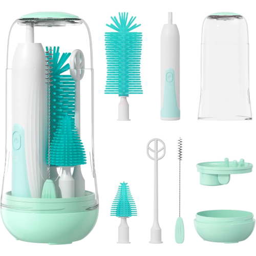 Electric Bottle Brush, Electric Baby Bottle Brush Set with Silicone Bottle/Pacifier/Straw Brush and Mixing Head, Waterproof Bottle Cleaner Brush with Drainage Rack- Green