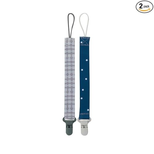 Nuby Pacifinder Baby Pacifier Clip - (2-Pack) - Pacifier Holder Clip with Convenient Hook Loop - Gray Plaid and Blue Stars