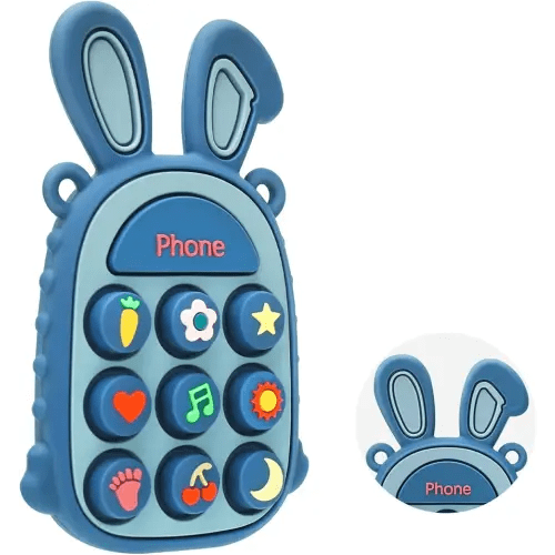 Teething Toys for Babies, BPA-Free Silicone Teether Toy for Infants, Cute Rabbit Phone Design with Easy-Grip Ears, Soothing Gums and Push Pop for Boy and Girl