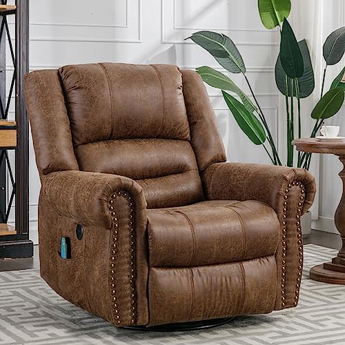 SOCIALCOMFY Swivel Rocker Recliner Chair with Heat and Vibration, 360° Swivel Glider Rocker Manual Reclining Chair, Massage Rocking Recliners with Side Pockets & USB Ports for Living Room, Nut Brown