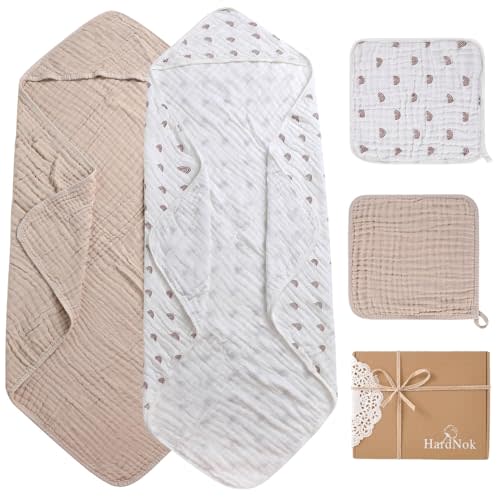 HardNok Muslin Baby Hooded Towels 4 Pack, Premium Muslin 6 Layers Natural Cotton Baby Bath Towels, Soft and Comfortable for Boys,Girls (32 x 32, Boho Rainbow Brown)
