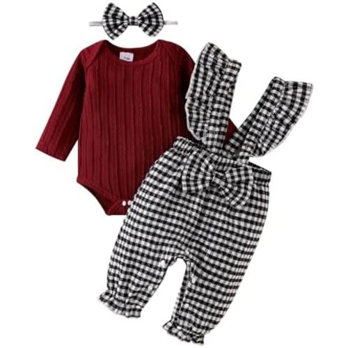 Baby Girl Clothes Newborn Suspender Overalls Long Sleeve Ribbed Romper Fall Winter Outfits Bow Headband 0-18 Months