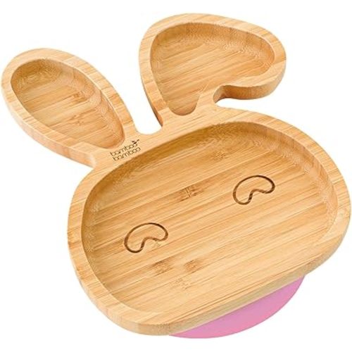 Bamboo Baby Plate with Suction - Kids and Toddler Suction Cup Plate for Babies, Non-Toxic All-Natural Bamboo Baby Food Plate Stays Cool to The Touch for Baby-Led Weaning (Bunny-Pink)