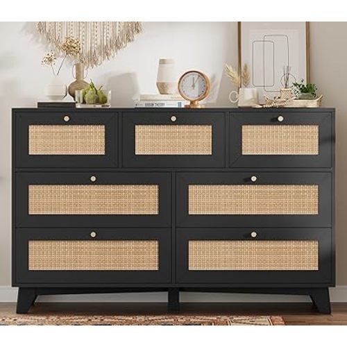 VIAGDO Black Rattan Dresser for Bedroom, 7 Drawer Dresser with Natural Rattan Drawers, Wooden Wide Storage Cabinet with Gold Handles, Modern Closet Chest of Drawers for Nursery Entryway Living Room