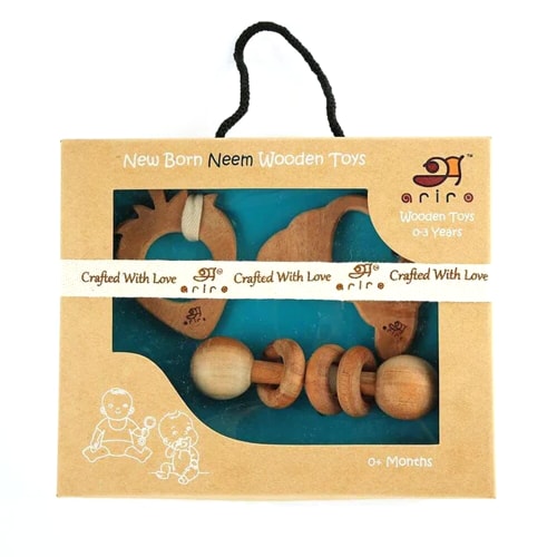 ARIRO Toys - Baby Teething Gift Set of 2 - Baby Natural Teether & Rattle- Montessori Newborn Baby Wooden Toys, Crafted from Neem Wood - Perfectly Designed to Soothe in The Most Gentle and Natural Way