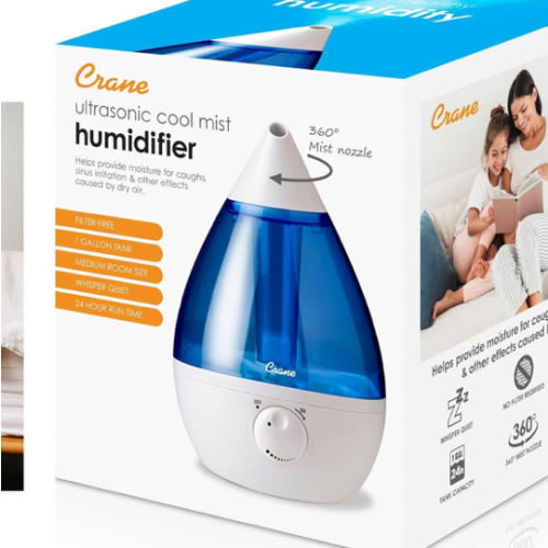 Crane Ultrasonic Cool Mist Teardrop Humidifier for Baby Nursery, Bedroom, Office, Large Room, Adjustable Humidity, Auto Shut-Off, Easy Clean Blue & White 1 Gallon