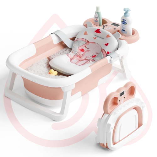 Aprpink Foldable Baby Bathtub Elephant PP+TPE with Soft Cushion&Thermometer for 0-36 Months Toddler Pink