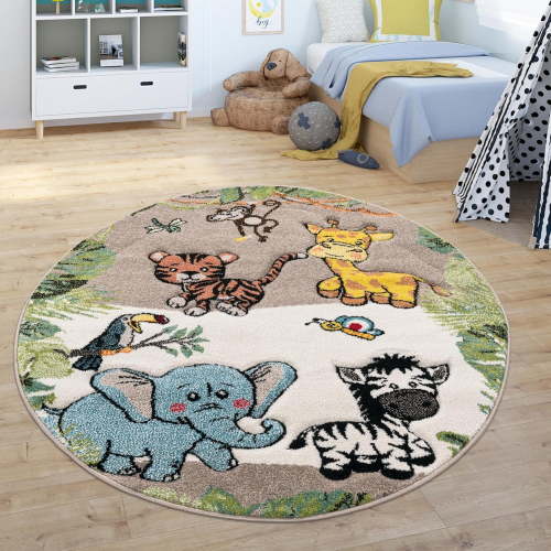 Paco Home Nursery Rug for Kids - Giraffe Lion Monkey in Beige, Size:3'11" Round