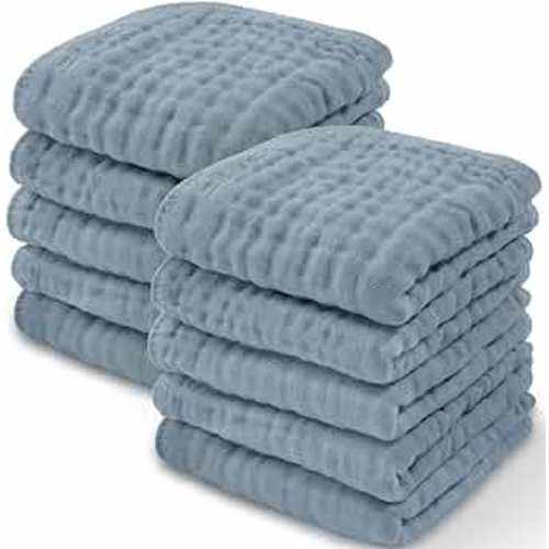 Baby Washcloths Set, Muslin Cotton Baby Towels, Large 10”x10” Wash Cloths Soft on Sensitive Skin for Boys & Girls, Newborn Baby & Toddlers Essentials Shower Registry Gift (Pacific Blue, Pack of 10)