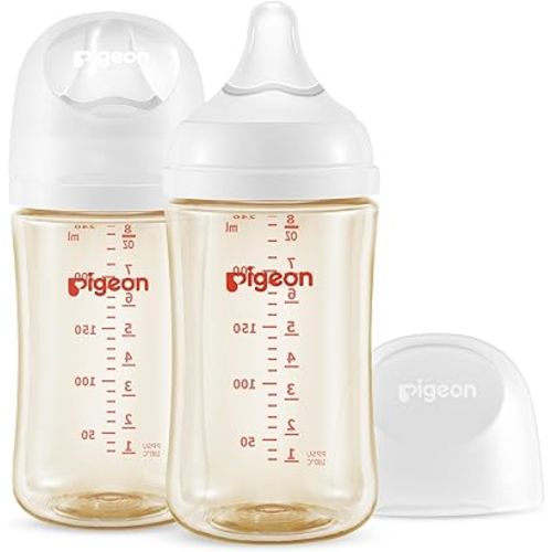 Pigeon PPSU Nursing Baby Bottle Wide Neck, Anti-Colic, Streamlined Body, Natural Feel, Easy to Clean, 8.1 Oz(Pack of 2), Includes 2pcs M Nipples (3m+)