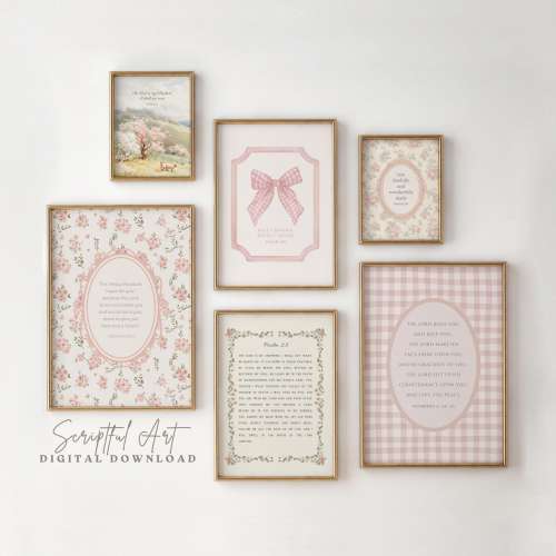 Pink Christian Nursery Decor Vintage Scripture Prints, Set of 6, Cute Girls Room Posters, Cottagecore Bible Verse Bundle Digital Download