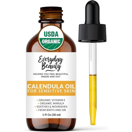 Organic Calendula Oil For Sensitive Skin - USDA Certified 100% Natural Plant Based, Lightweight & Unscented Gentle Soothing Oil For Sensitive Skin - For Face, Skin & All Over - 1 Fl Oz Glass & Dropper