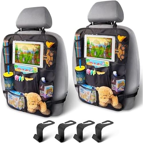 Backseat Car Organizer For Kids, 2Pcs Car Back Seat Organizer with 6 Mesh 3 Storage Pockets and 4 Headrest Hooks for Car Accessories, Easy to Clean Foldable Car seat Organizer with tablet holder