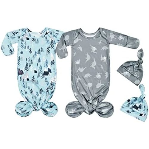 Newborn Baby Boy Long Sleeve Sleeper Gown with Mittens Knotted Gown Coming Home Outfit Nightgown Hat Set 2 Pieces