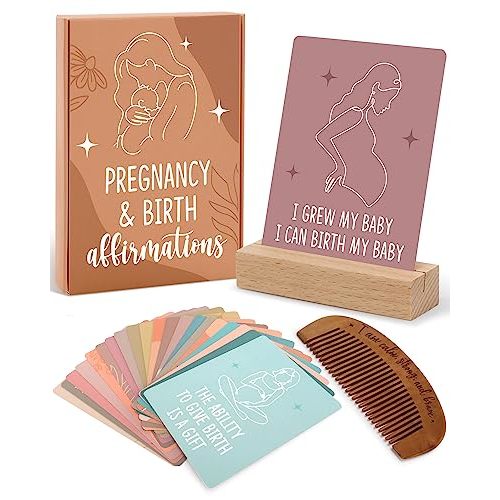 Levfla Pregnancy and Birth Affirmation Cards with Wooden Engraved Labor Comb Production Encouragement Positive Push New Mom Gifts for Women After Birth Boho Style Gender Reveal Neutral Present