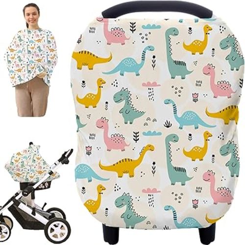 Multi-use Carseat Covers Breastfeeding Cover - Car Seat Covers for Babies, Stretchy Carseat Canopy Cover, Boys and Girls Shower Gifts (Colours Dinosaur)