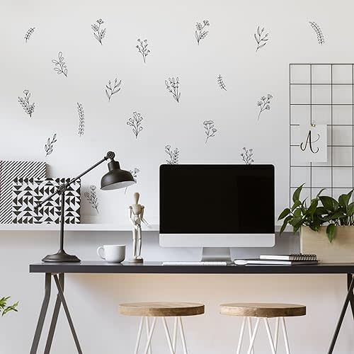 Small Black Flowers Peel and Stick Wall Decals - Set of 62 Flower Wall Stickers - 1"-4" Flower Wall Decor Floral Wall Decals