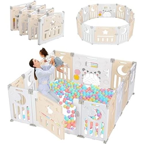 Dripex Baby Playpen, Foldable Playpen for Babies and Toddlers, Adjustable Shape Baby Fence, Safety Play Yard with Gate, Portable Play Area for Indoor or Outdoor (Cream Yellow+White,14 Panel)