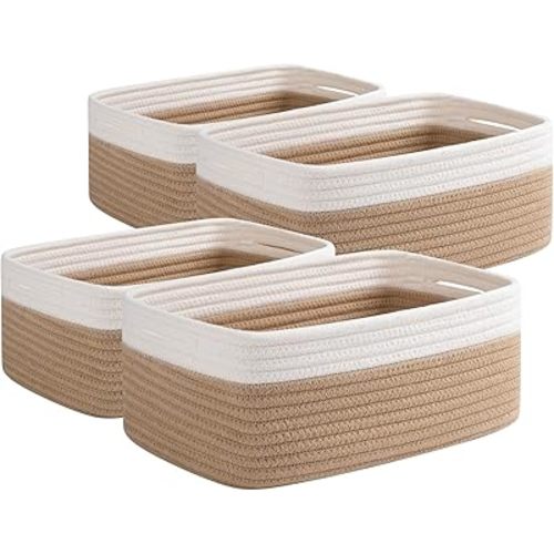 OIAHOMY 4 Pack Storage Baskets for Organizing, Small Bins for Shelves, Cute Decorative Storage Bins, Organizer Baskets for Gifts Empty, 11.8''Lx7.8''Wx4.7''H, Yellow/White