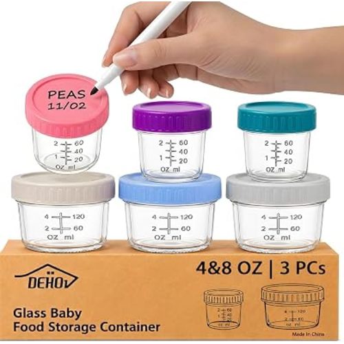 6-Piece Glass Baby Food Containers with Lids,4&8 OZ Small Glass Freezer Safe Baby Food Storage Jars,Leak Proof Baby Food Grade Puree Containers