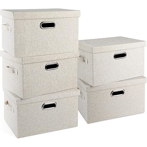 Medium 15" 21 Quart Collapsible Stackable Storage Bins with Lids, 5 Packs Beige Foldable Fabric Closet Boxes Heavy-duty Lidded Linen Cube Baskets Container Organizers and Storage