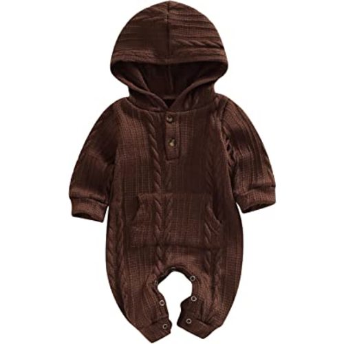 Infant Boys Girls Knit Sweater Romper Baby Toddlers Long Sleeve Hooded Button Up Winter Outfits with Pocket