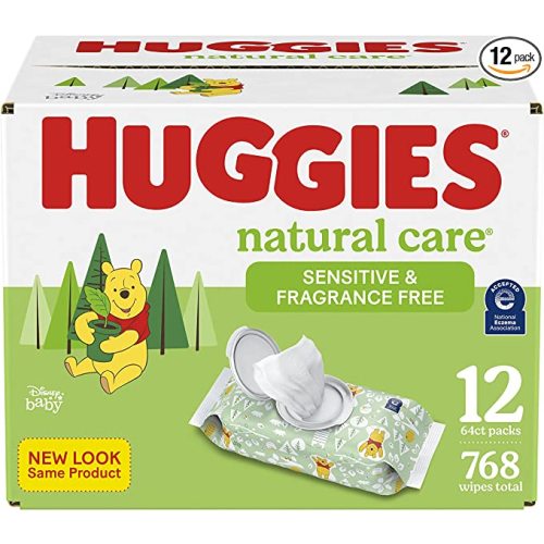 Baby Wipes, Huggies Natural Care Sensitive Baby Diaper Wipes, Unscented, Hypoallergenic, 12 Flip-Top Packs (768 Wipes Total) - 12 Flip-Lid Packs