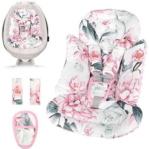 Pea Pod Infant Car Seat Insert with 3 Strap Covers, 3 in 1 Reversible Flower Baby Car Seat Head Support for Newborn, 3D Soft Minky Carseat Cushion for Preemie to Infant, Stroller, Swing, Bouncer