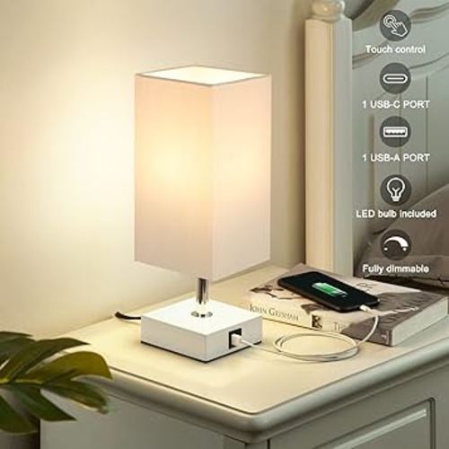 Ambimall Grey Table Lamp with USB Ports - 3 Way Touch Lamps Beside Desk, Nightstand Lamp for Bedrooms Living Room, Grey Shade with White Base, LED Bulb Included(Grey)