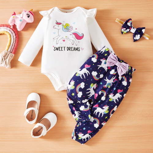 PatPat Baby Girl Winter Outfit Set Ruffle Bodysuit Unicorn Pants with Headband Adorable Gift Set White Navy 0-18 Months