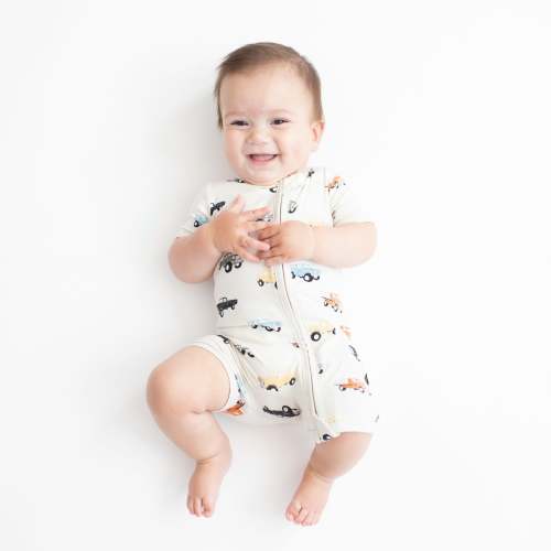 Zippered Shortall Romper in Vintage Truck