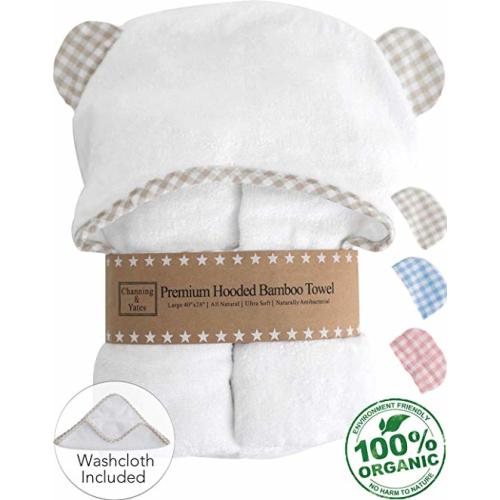 Premium Baby Towel with Hood and Washcloth Gift Set - Organic Baby Towels and Washcloths - Bamboo Hooded Towels for Baby - Hypoallergenic Large Toddler Towels for Boys or Girls (Beige/White) - Beige Gingham