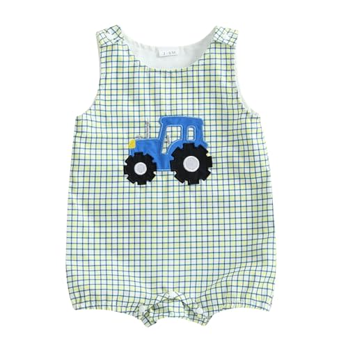 Summer Outfit Newborn Baby Boy Sleeveless Tractor Embroidery Plaid Tank Romper Jumpsuit Overalls One Piece Clothes