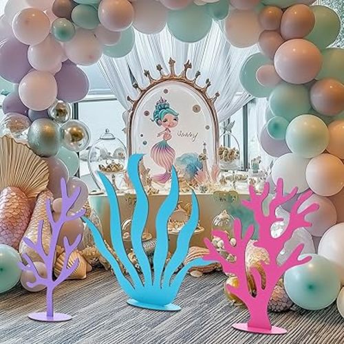 Amyhill 3 Pcs Large Under The Sea Corals Seaweed Wooden Decoration 17-22" L Mermaid Under The Sea Party Decorations for Ocean Theme Mermaid Birthday Decor Party Photography Props