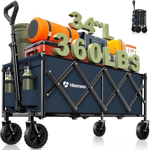 34'' Extra Long Collapsible Wagons Carts Foldable, 360LBS Heavy Duty Folding Beach Wagon Cart with Wheels, Portable Utility Outdoor Wagon for Grocery, Shopping, Garden, Sports, Camping, Black