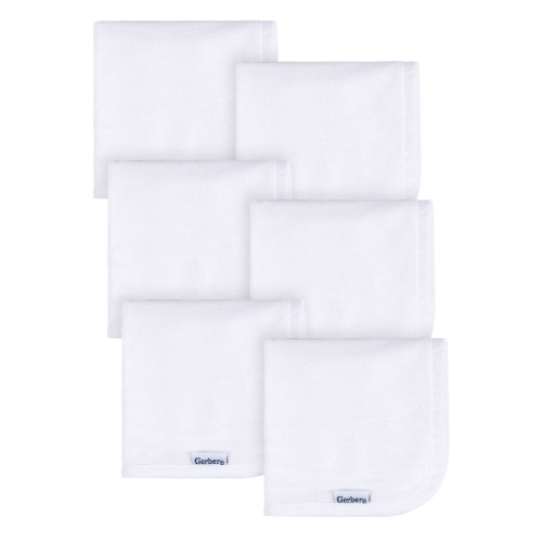 Gerber Baby Boy or Girl Unisex White Washcloths, 6-Pack, One Size