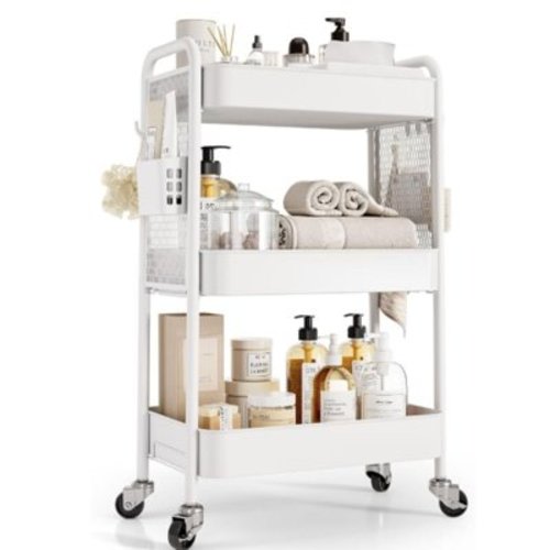 Tier Rolling Cart Storage Organizer, Metal Rolling Utility Cart with Wheels, Esthetician Craft Art Cart with Pegboard, Carts for Baby Nursery Diaper Kitchen Bathroom, White