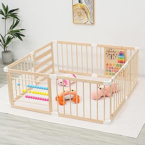 Baby Playpen - Wooden Playpen for Babies and Toddlers - Large Adjustable Shape &Size Play Yard - Baby Fence with Lock Gate - Infant PlayPen - Portable Safe Play Area Kids Activity Center(63x63x24inch)