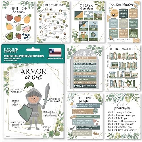 Hadley Designs Sunday School Decorations for Classroom – 9 Bible Posters for Kids, 11x14in Books of the Bible Poster, 10 Commandments, Fruits of the Spirit & More – Greenery Christian Classroom Decor