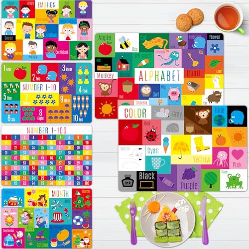 6 Pack Placemats for Kids, Non-Slip Washable, Reusable Alphabet, Number, Month, Color & Emotion Educational Placemats for Home, Kindergarten, Classroom, Nursery