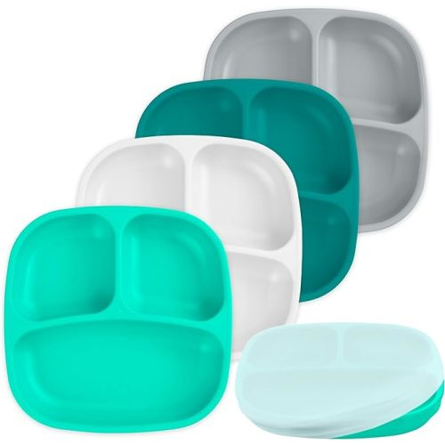 Re Play - 4 Pack 7.37" Divided Plates with Deep Sides for Baby, Toddler & Child Feeding - BPA Free - Made in USA from Recycled Milk Jugs - Modern Aqua With 1 Silicone Lid - With Lid