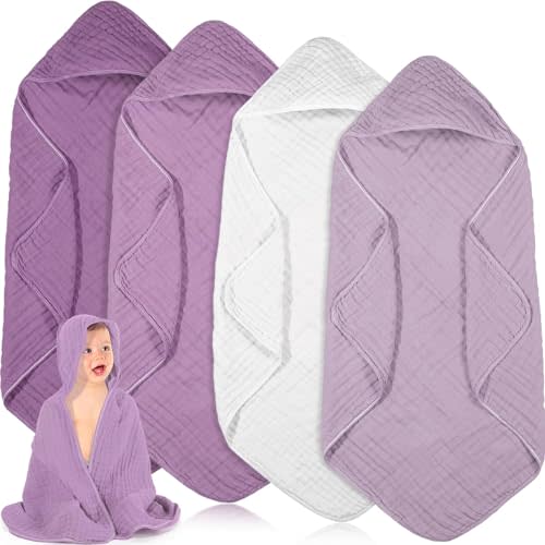 Peryiter 4 Pcs Muslin Hooded Baby Towels,32"x 32" Cotton Newborn Bath Towel Muslin Infant Baby Towels Absorbent Unisex Hooded Blankets,Newborn Registry Baby Gift for Girls Boys (Purple Series)